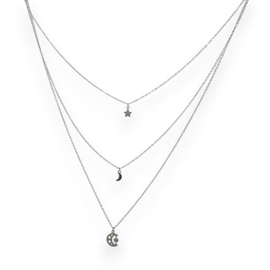 Collier acier argenté multi rangs lune et étoile