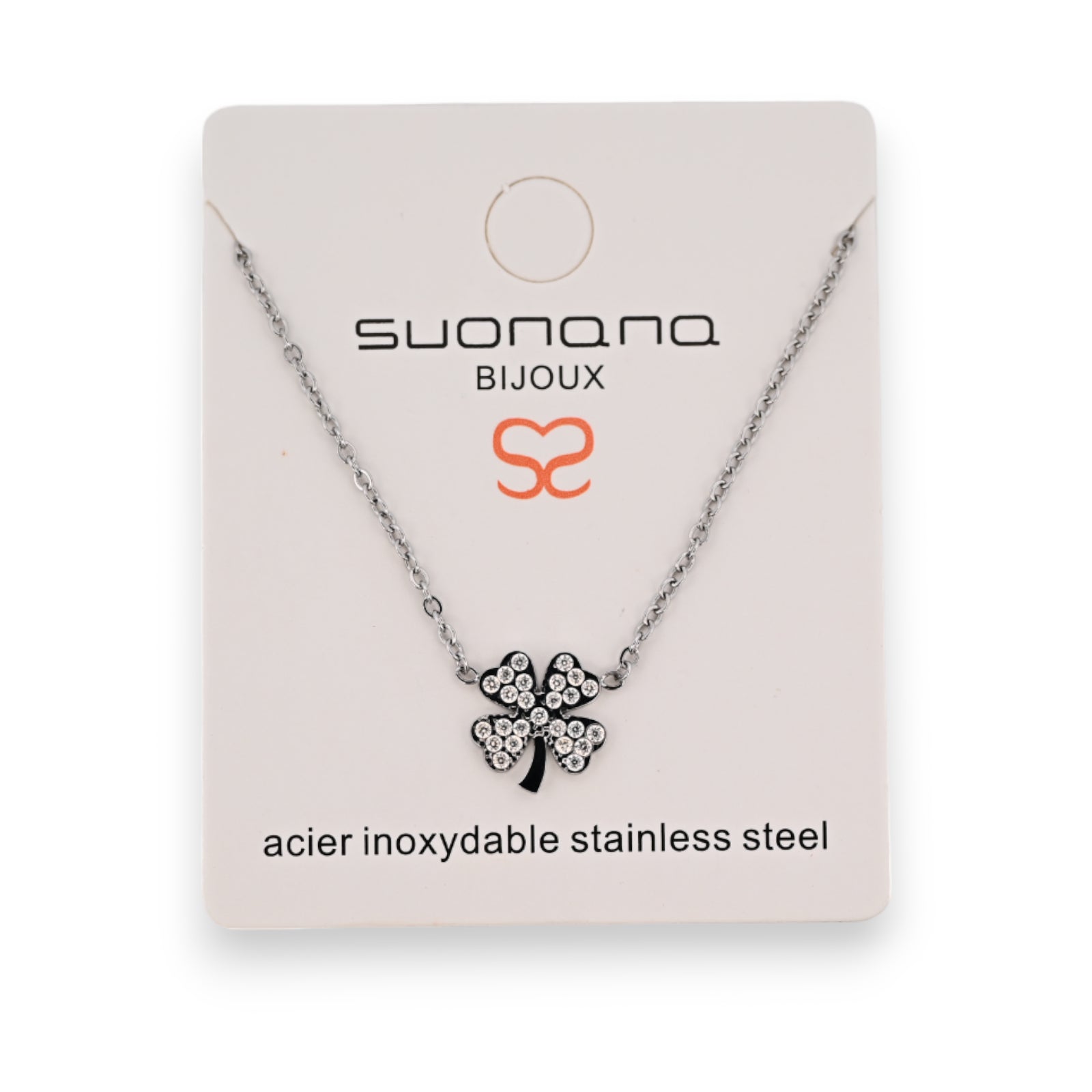 Collier acier argenté trèfle porte bonheur strass