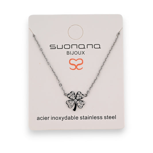 Collier acier argenté trèfle porte bonheur strass