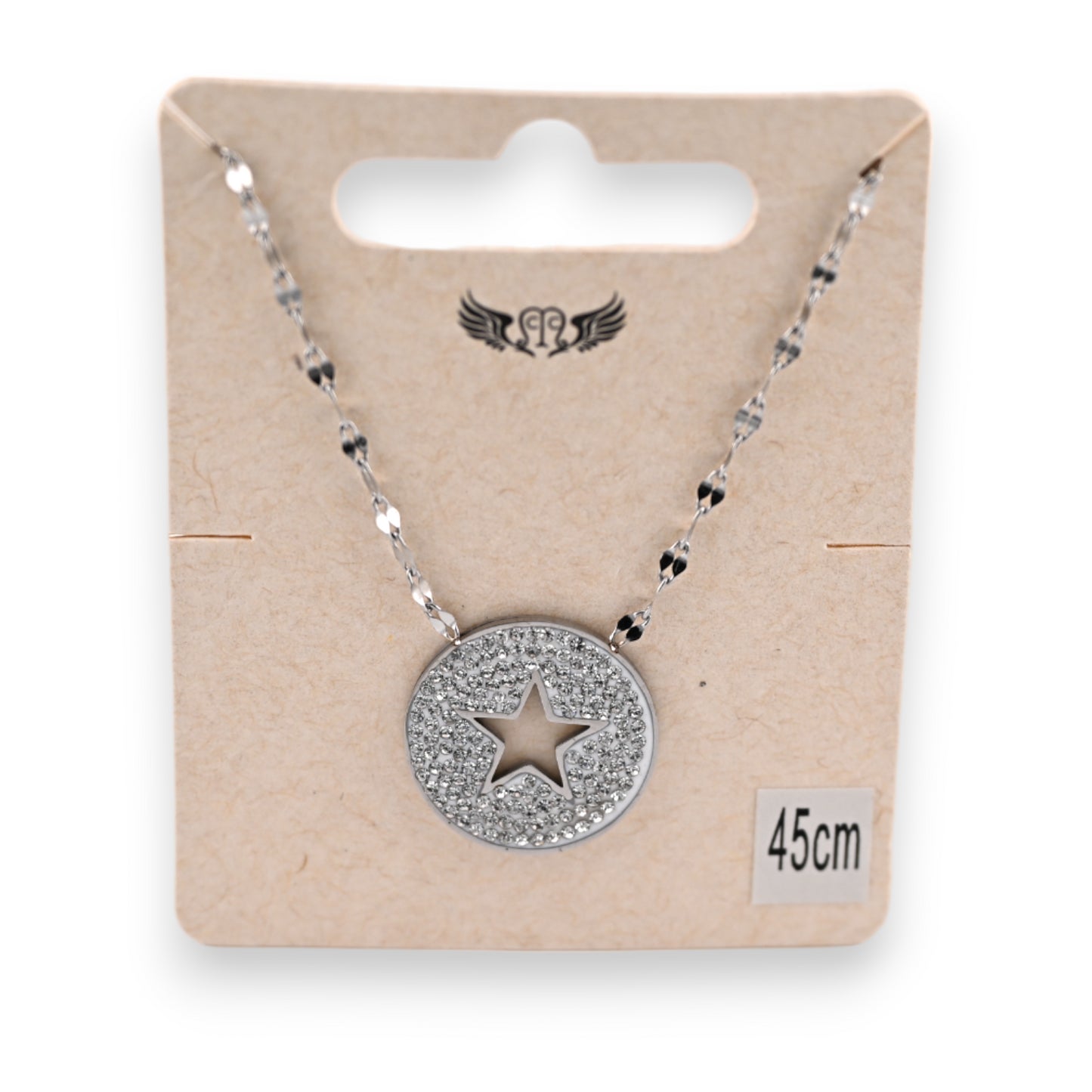 Collier acier argenté médaillon strass et étoile ajourée