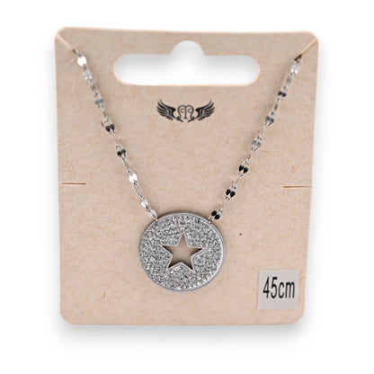 Collier acier argenté médaillon strass et étoile ajourée