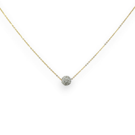 Collier acier doré petite boule strass blanche