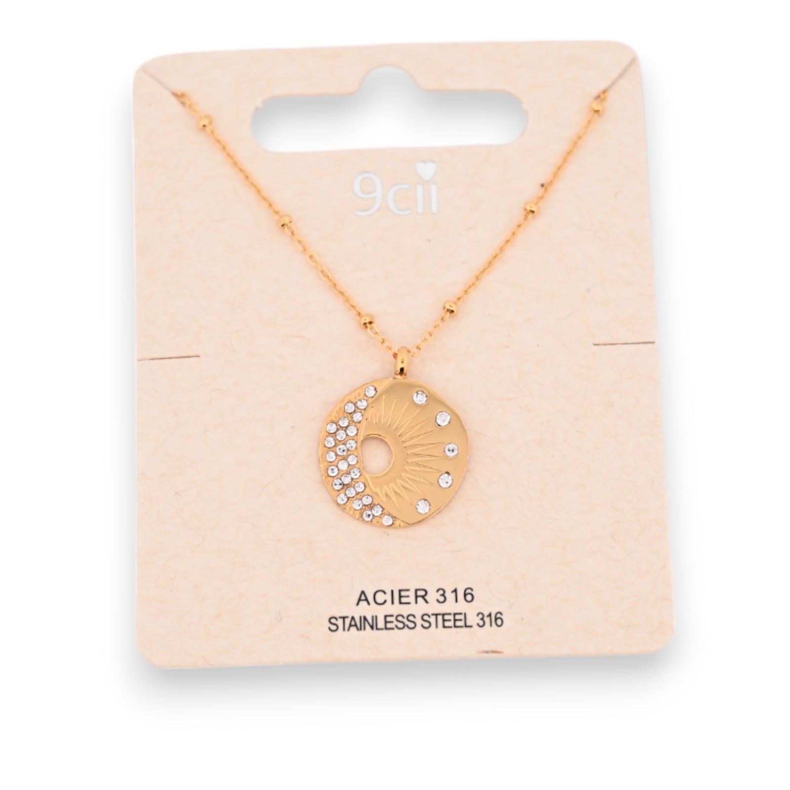 Collier acier doré demi lune et soleil brillant