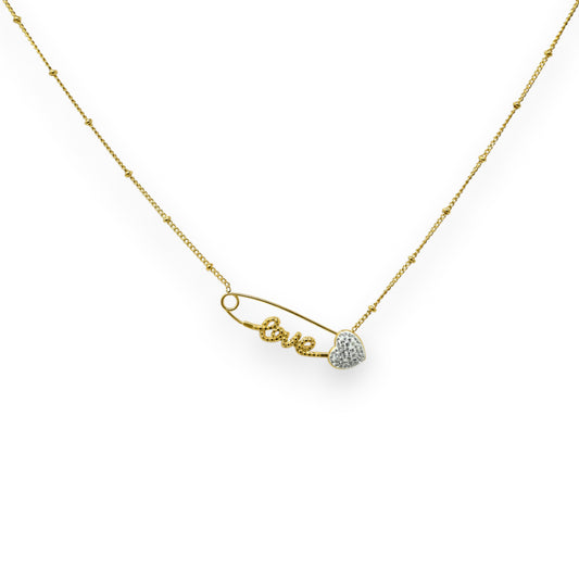 Collier acier doré épingle LOVE coeur strass