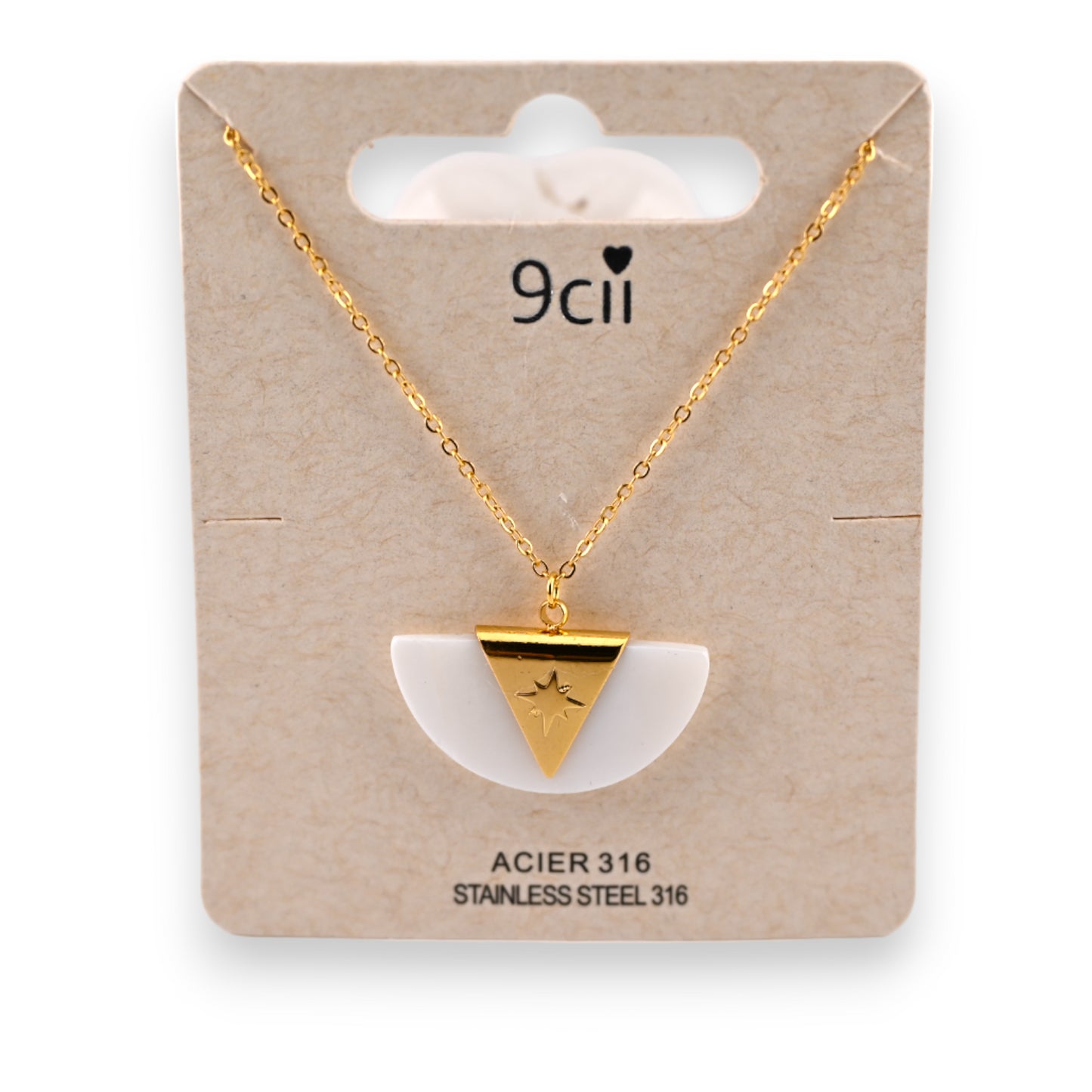 Collier acier doré éventail vintage nacre blanche