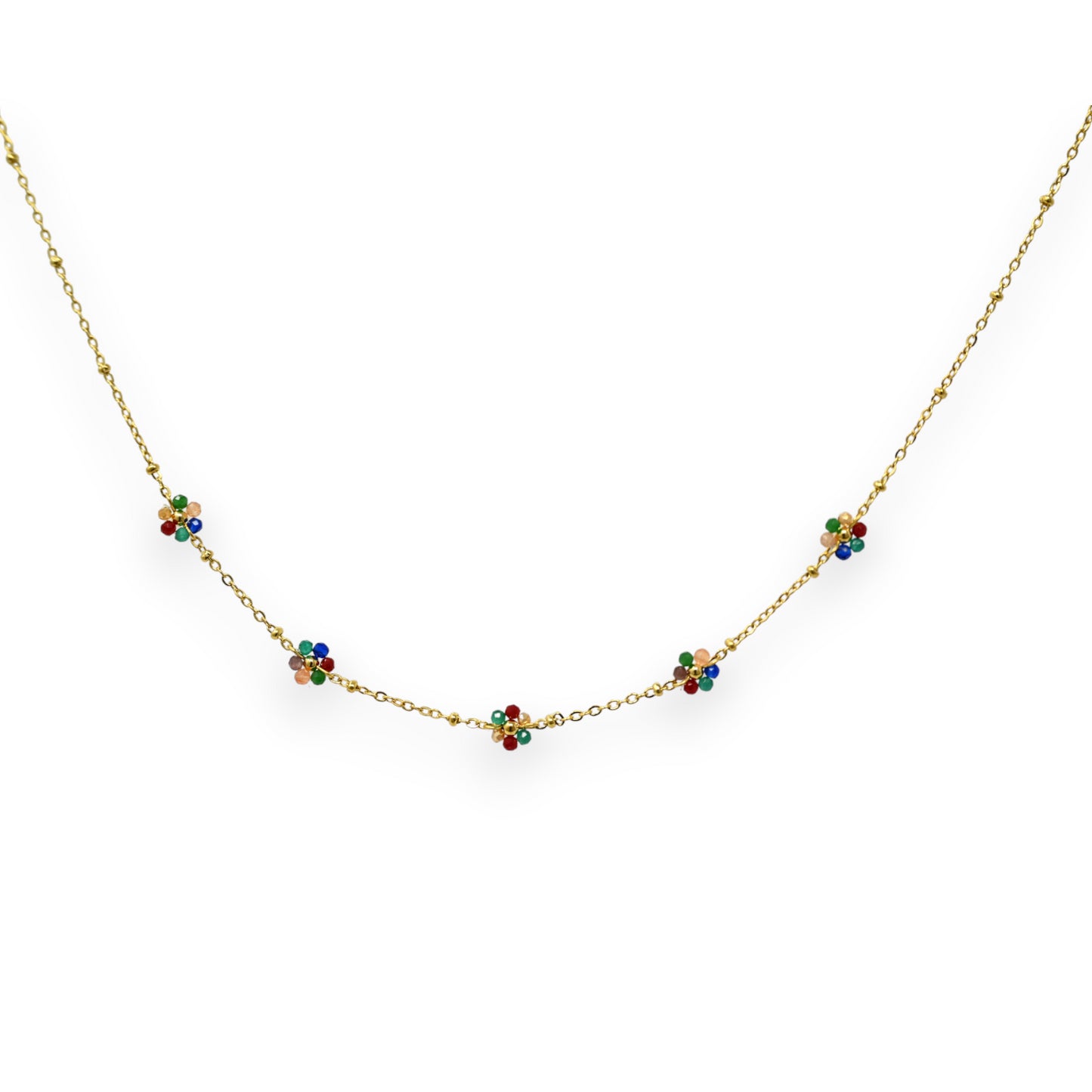 Collier acier doré fin petite fleurs multicolores