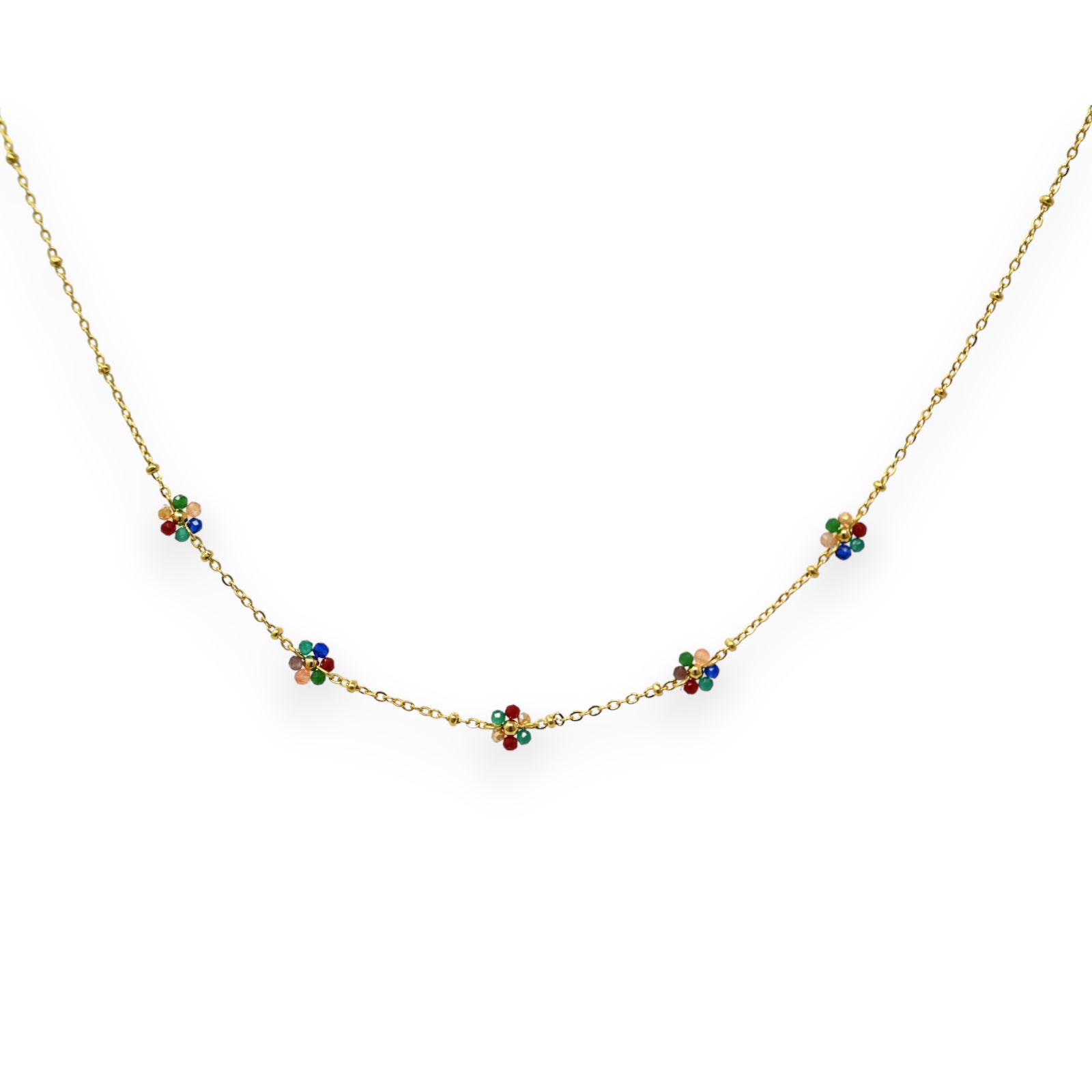 Collier acier doré fin petite fleurs multicolores