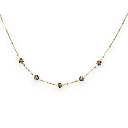 Collier acier doré fin petite fleurs multicolores