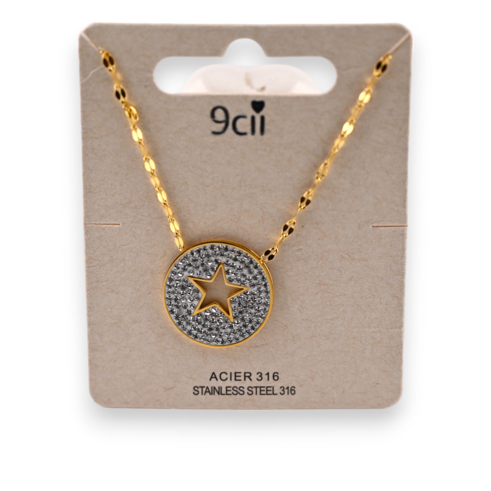 Collier acier doré médaillon strass et étoile ajourée