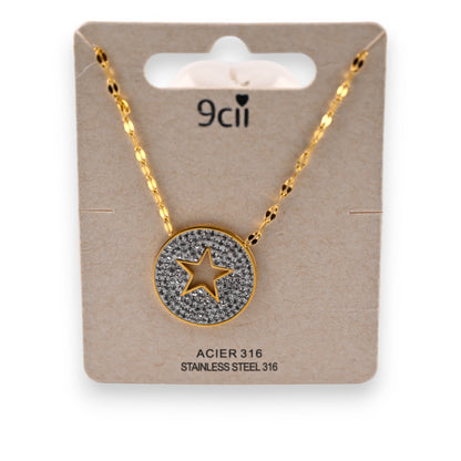Collier acier doré médaillon strass et étoile ajourée