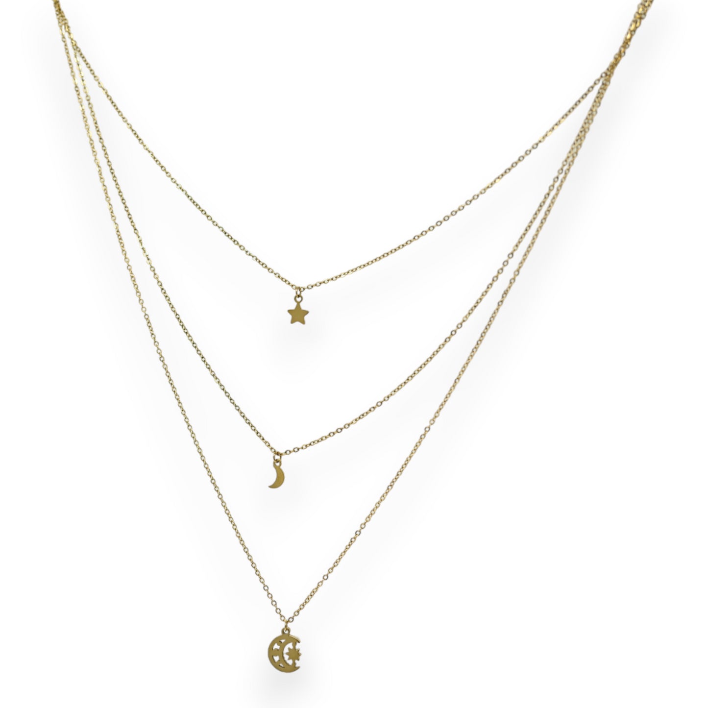 Collier acier doré multi rangs étoile et lune