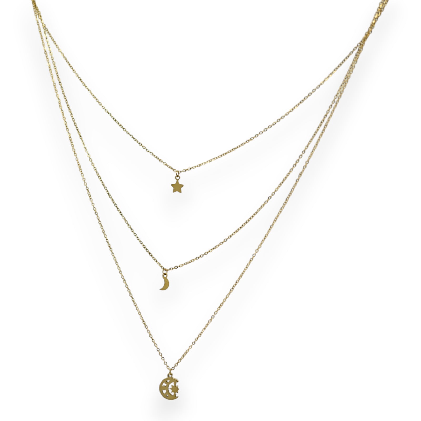 Collier acier doré multi rangs étoile et lune