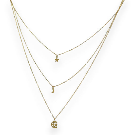 Collier acier doré multi rangs étoile et lune