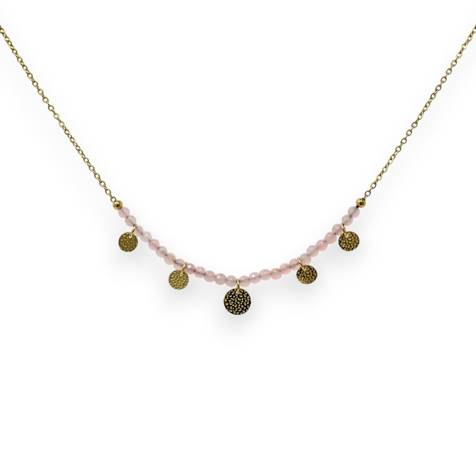 Collier acier doré pierres Quartz Rose