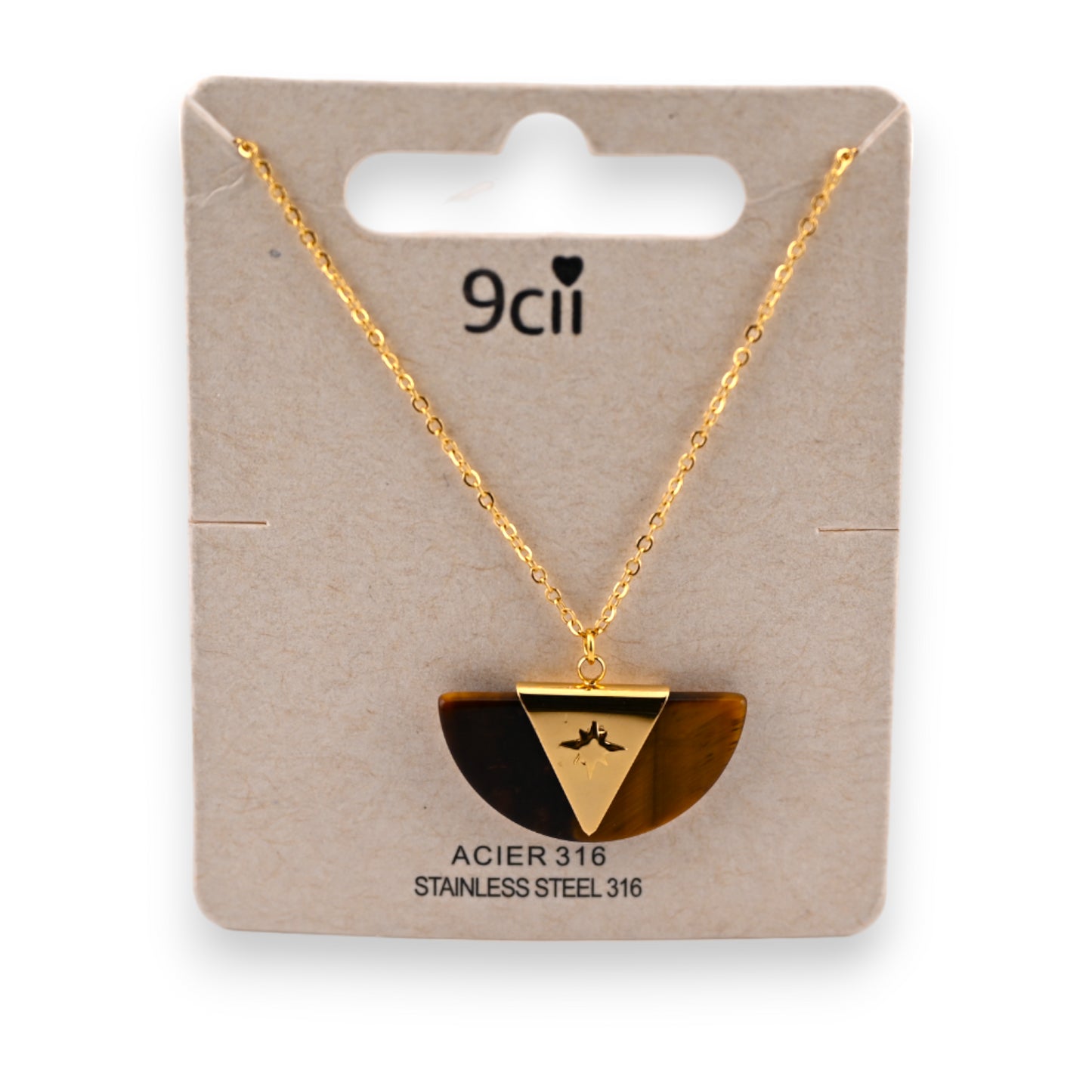 Collier acier doré éventail vintage nuances marron