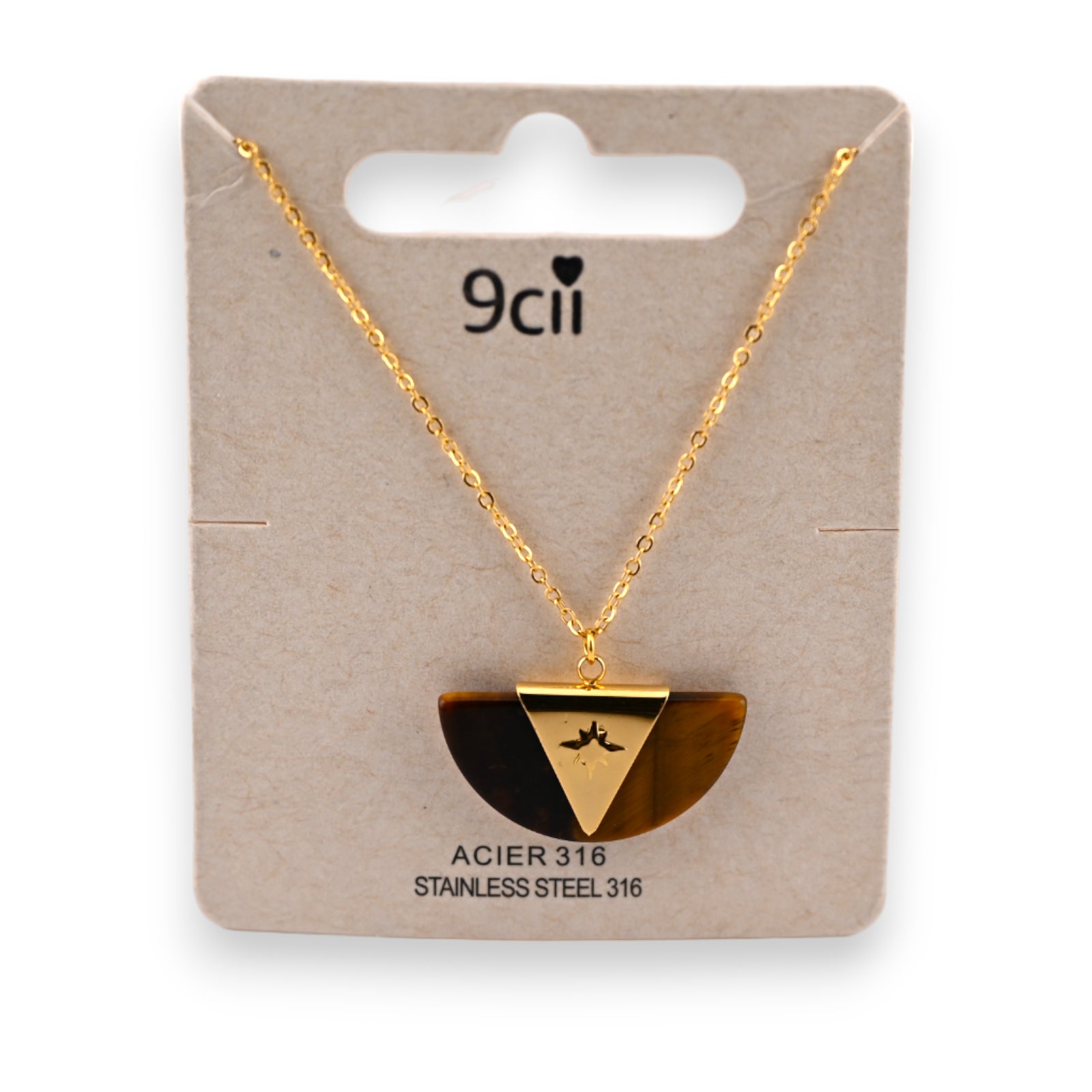 Collier acier doré éventail vintage nuances marron