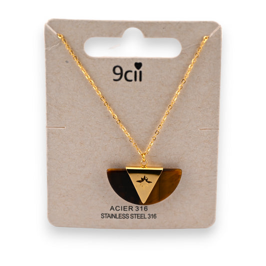 Collier acier doré éventail vintage nuances marron