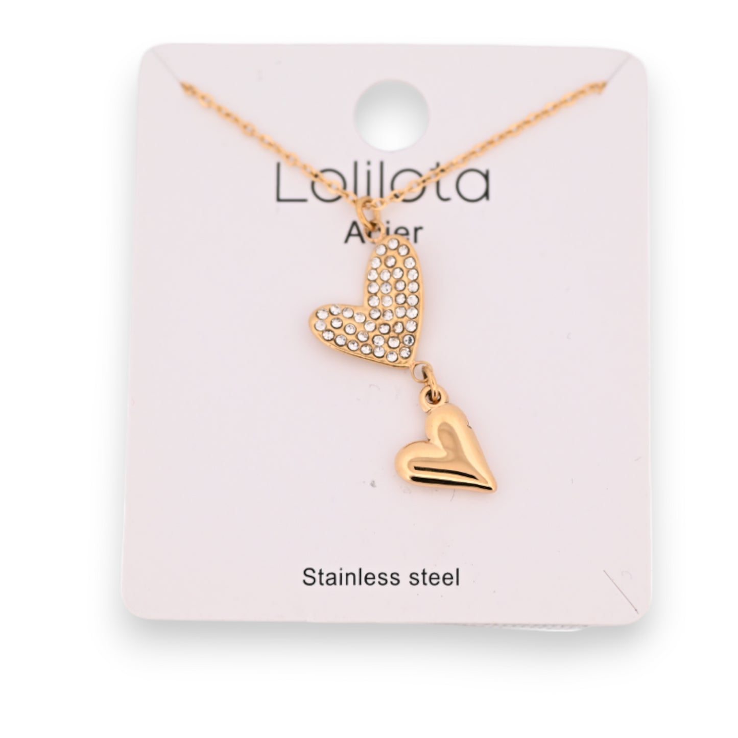 Collier acier doré2 coeur superposés uni et strass