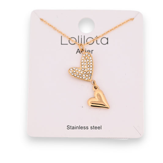 Collier acier doré2 coeur superposés uni et strass