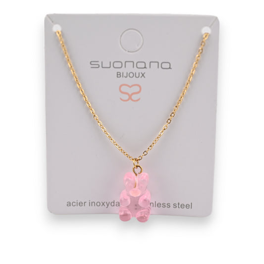 Collier acier nounours bonbon rose translucide