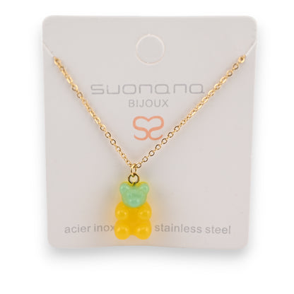 Collier acier nounours bonbon vert et jaune