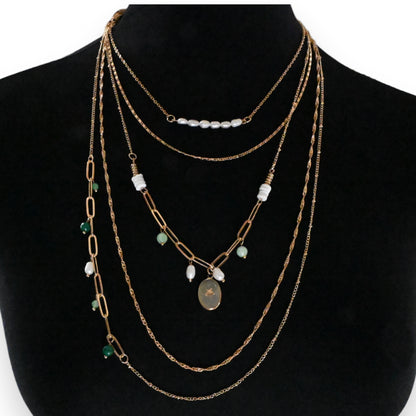 Collier fantaisie 5 rangées pierres nuance verte