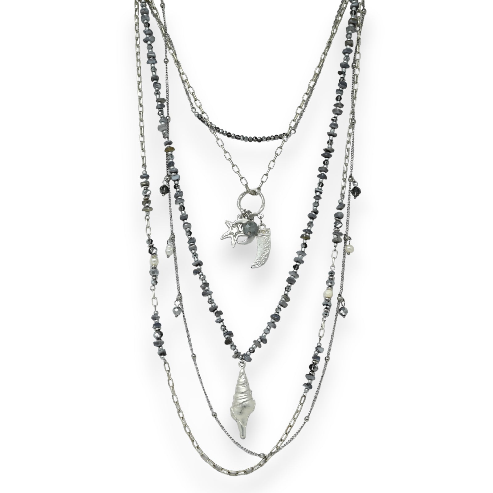 Collier fantaisie argenté 5 rangées modèle coquillage