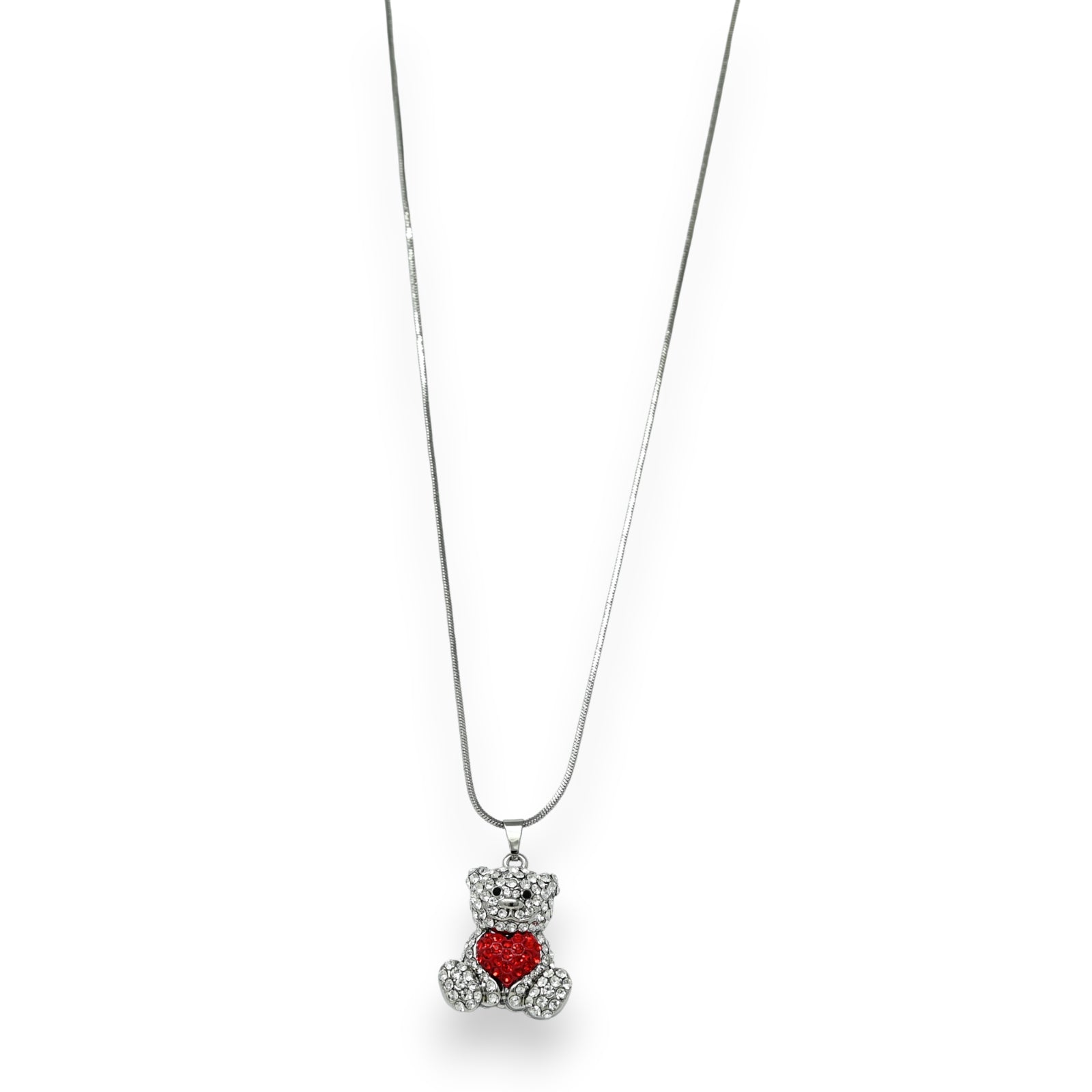 Collier fantaisie argenté nounours coeur rouge