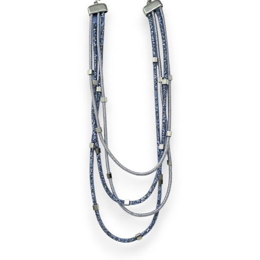 Collier fantaisie bleu multi rang tube cristaux