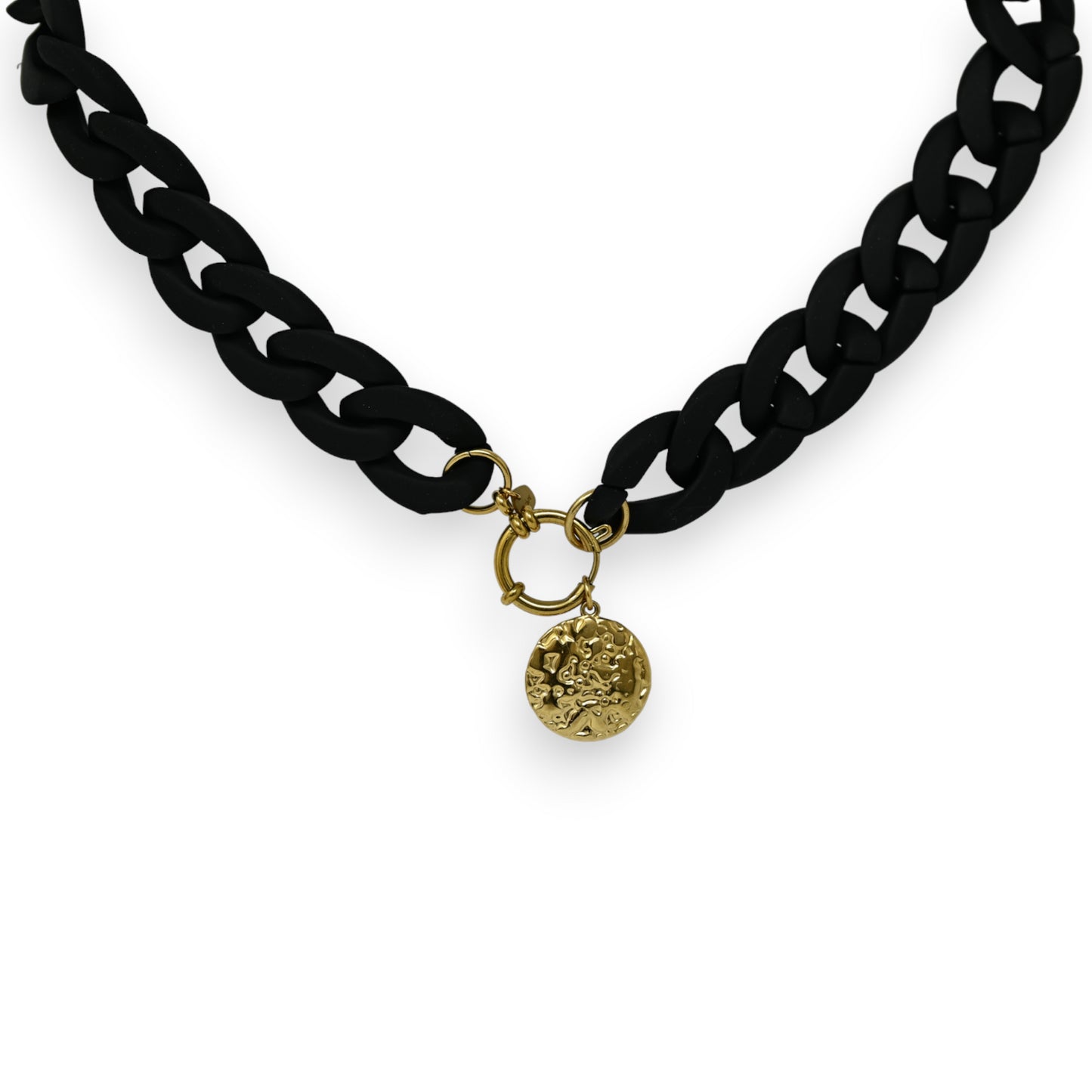 Collier fantaisie chaine résine noires médaillon sculpté doré