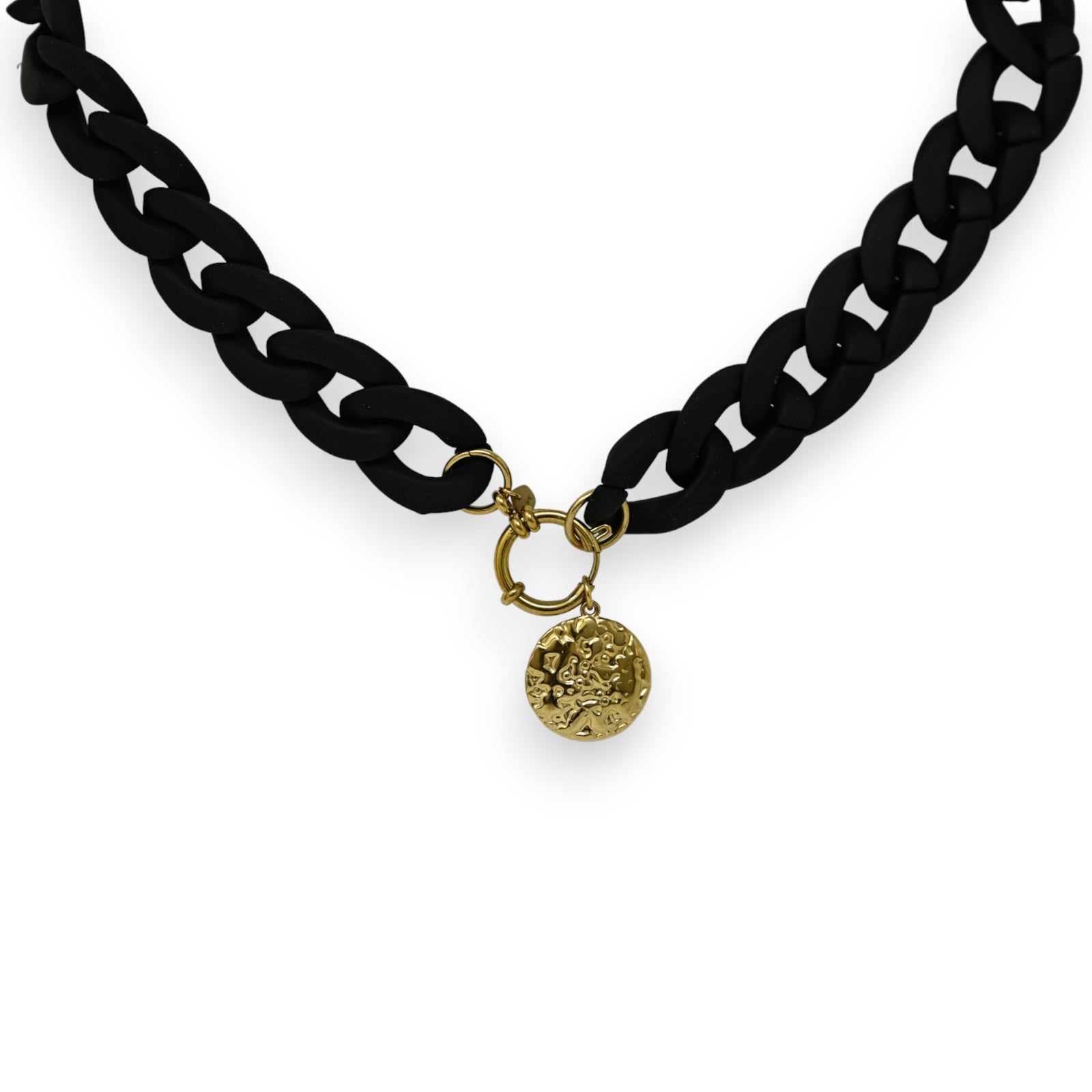 Collier fantaisie chaine résine noires médaillon sculpté doré