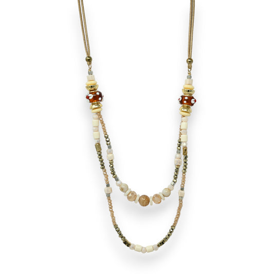 Collier fantaisie cordon multi rangs perles nuances beige