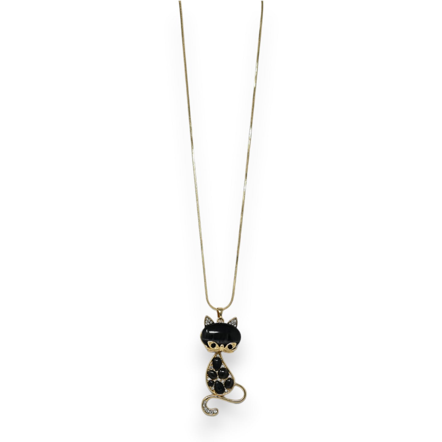 Collier fantaisie doré chat pierres noires