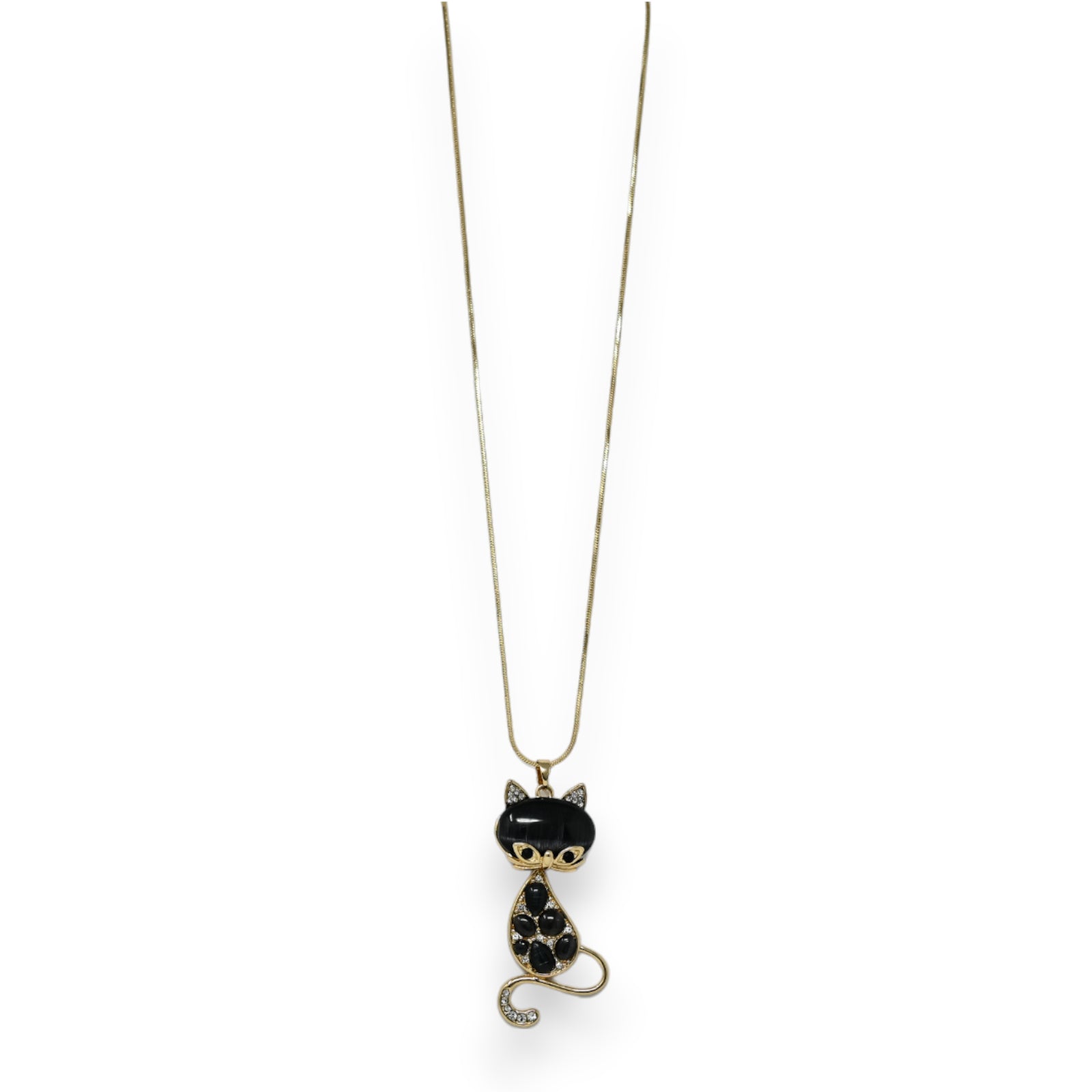 Collier fantaisie doré chat pierres noires