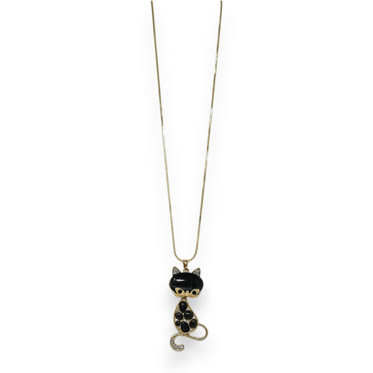 Collier fantaisie doré chat pierres noires