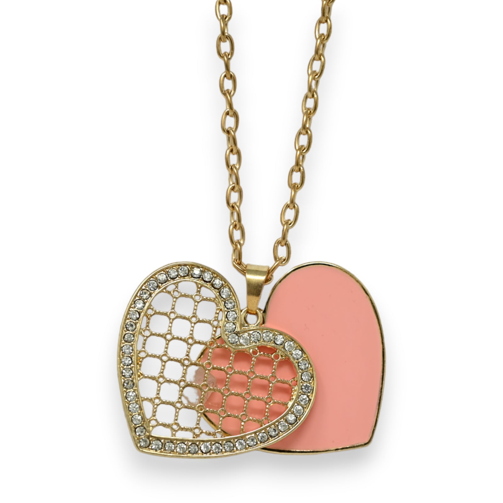 Collier fantaisie doré  double coeur saumon
