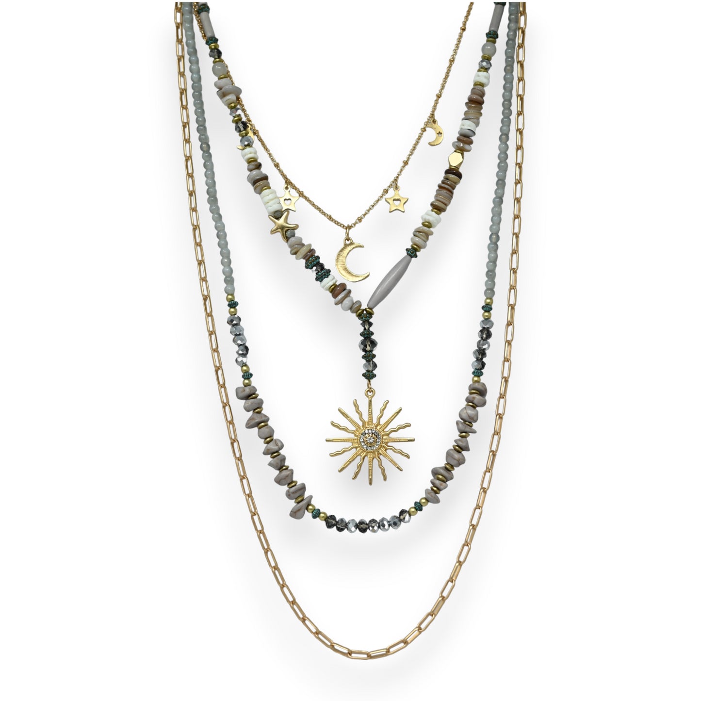 Collier fantaisie doré pierres grise breloque soleil