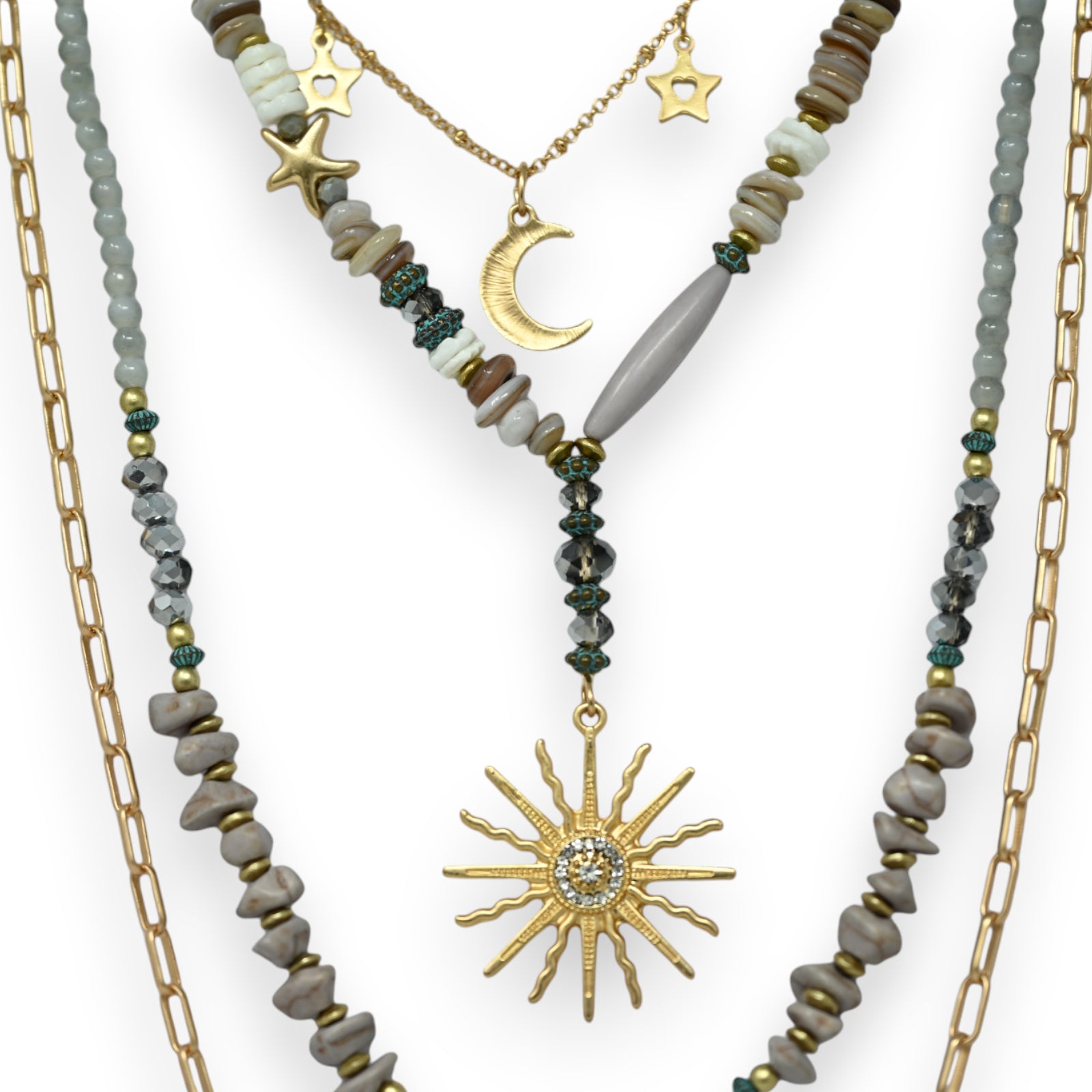 Collier fantaisie doré pierres grise breloque soleil