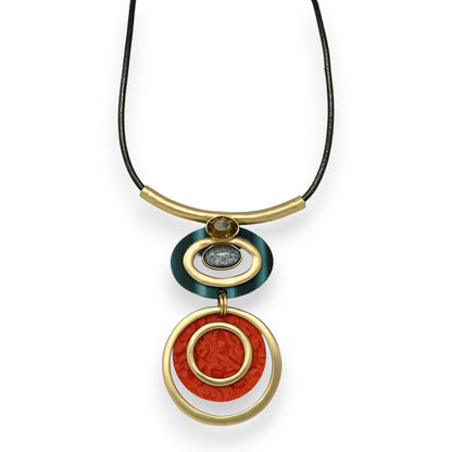Collier fantaisie double médaillon géométrie orange et bleu