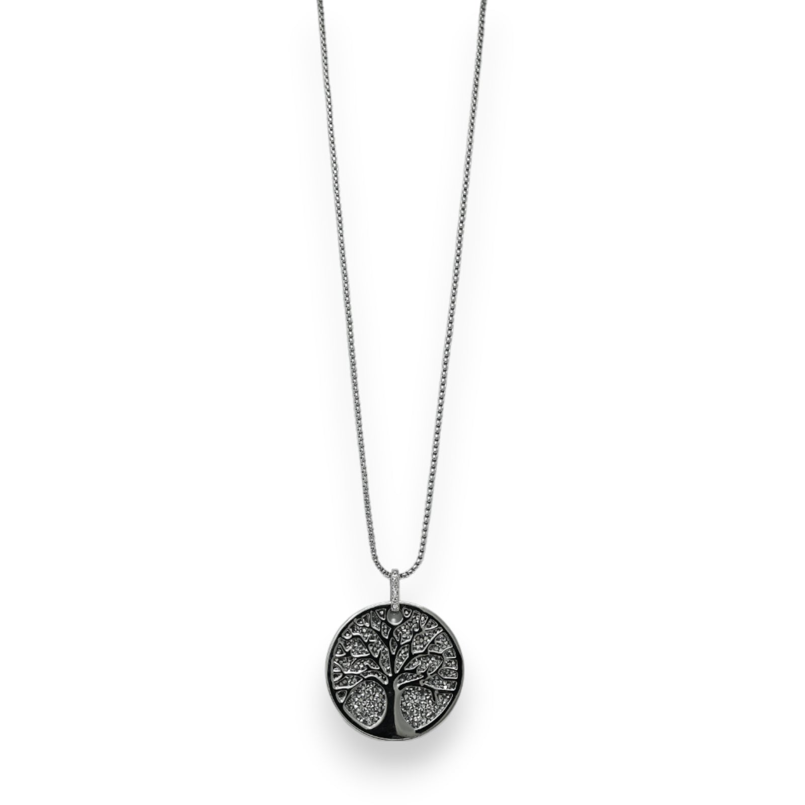 Collier fantaisie long argenté arbre de vie brillant