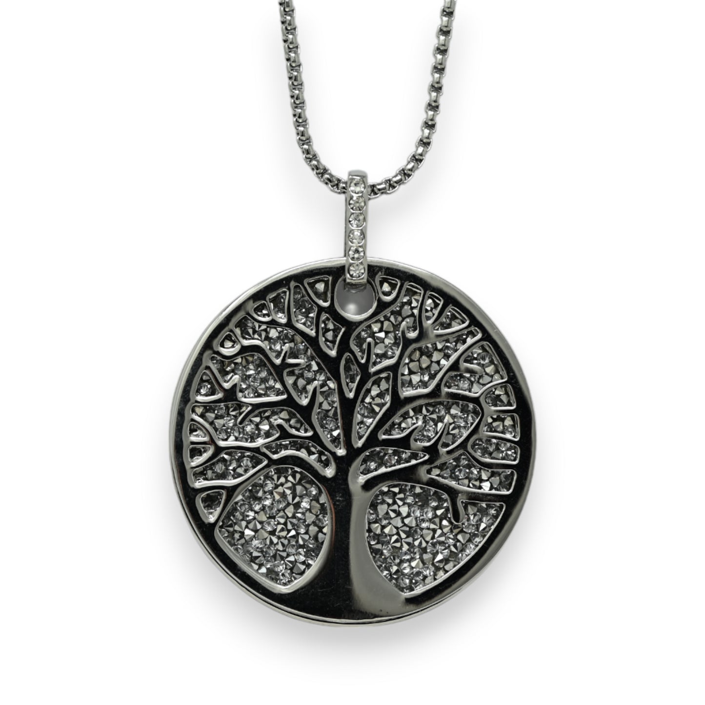 Collier fantaisie long argenté arbre de vie brillant