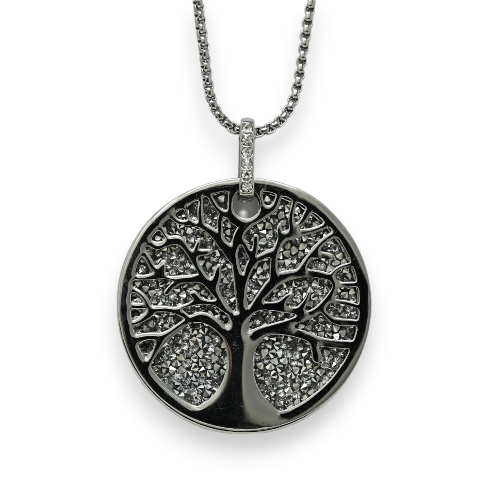 Collier fantaisie long argenté arbre de vie brillant