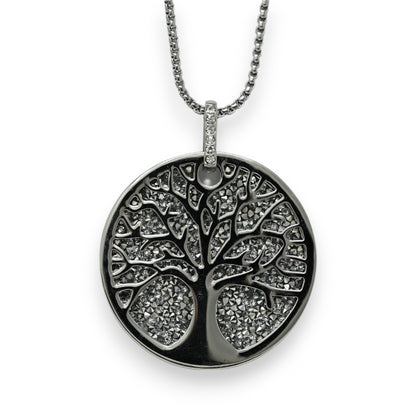Collier fantaisie long argenté arbre de vie brillant