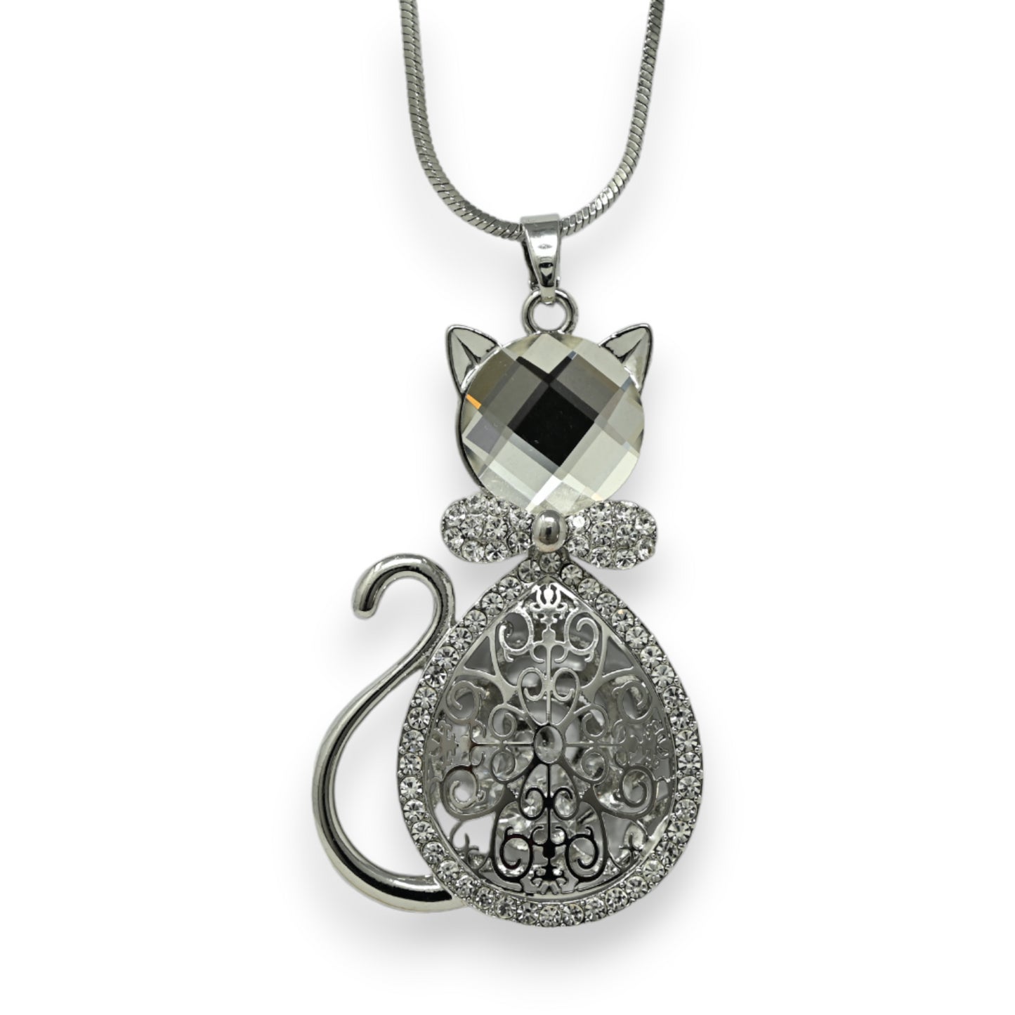 Collier fantaisie long argenté chat pierre et strass blanc