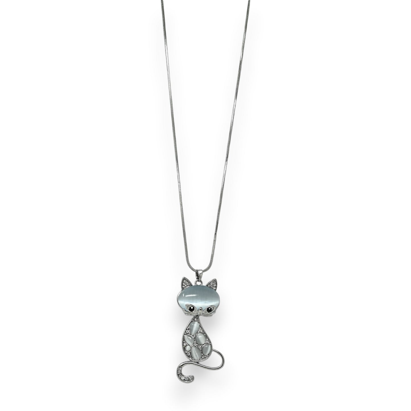 Collier fantaisie long argenté chat pierre grise