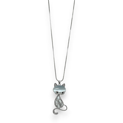Collier fantaisie long argenté chat pierre grise