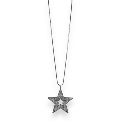 Collier fantaisie long argenté gris grosse étoile strass