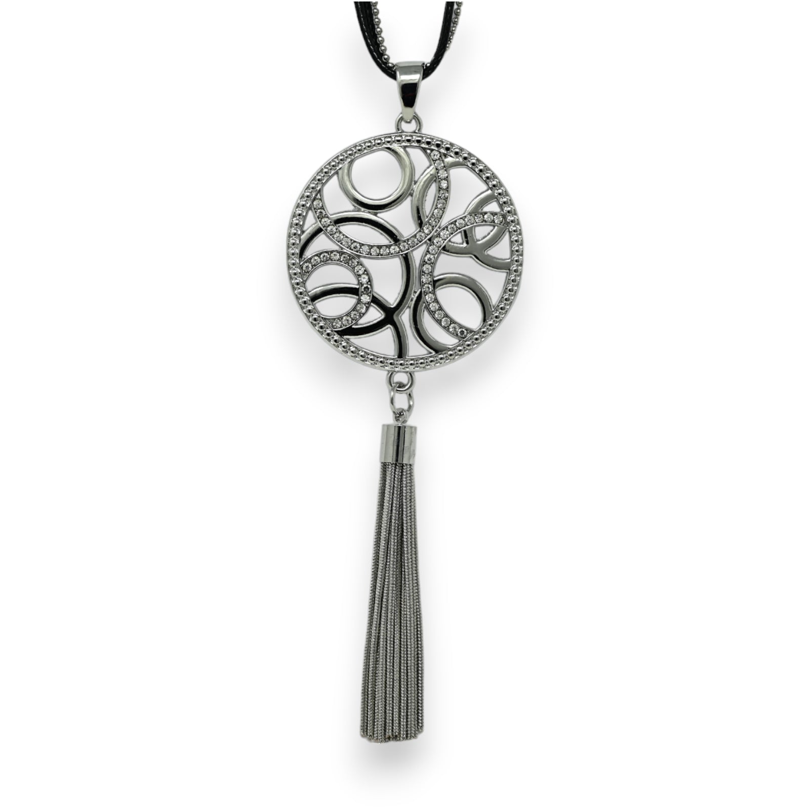 Collier fantaisie long argenté médaille graphisme et pompon