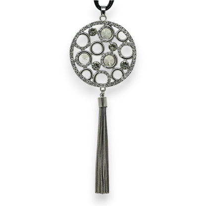 Collier fantaisie long argenté médaillon bulle de strass et pompon
