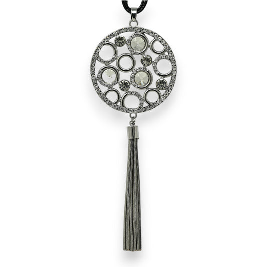 Collier fantaisie long argenté médaillon bulle de strass et pompon